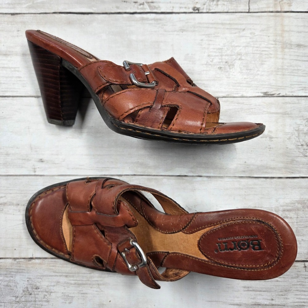 Born Sandals Women 8M Brown W61415 Leather Woven Strappy Buckle Block Heel Mules